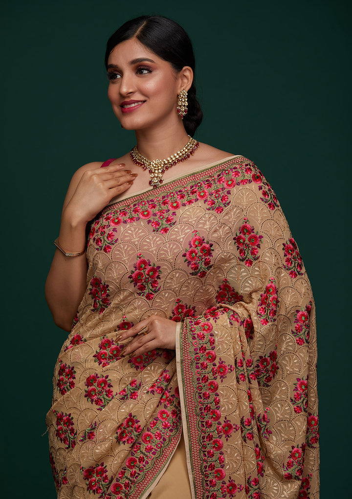 Gold Threadwork Georgette Designer Saree - Koskii