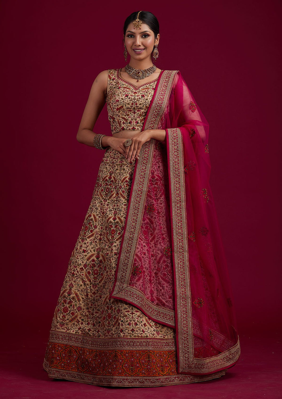 Gold Threadwork Raw Silk Designer Semi-Stitched Lehenga - koskii