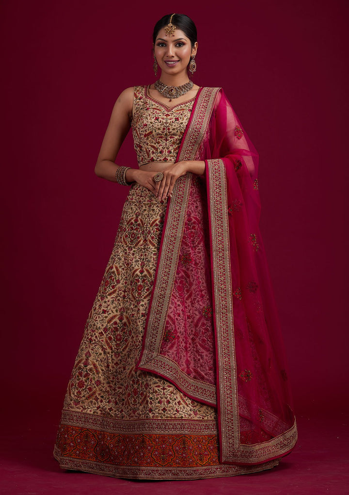 Gold Threadwork Raw Silk Designer Semi-Stitched Lehenga - koskii