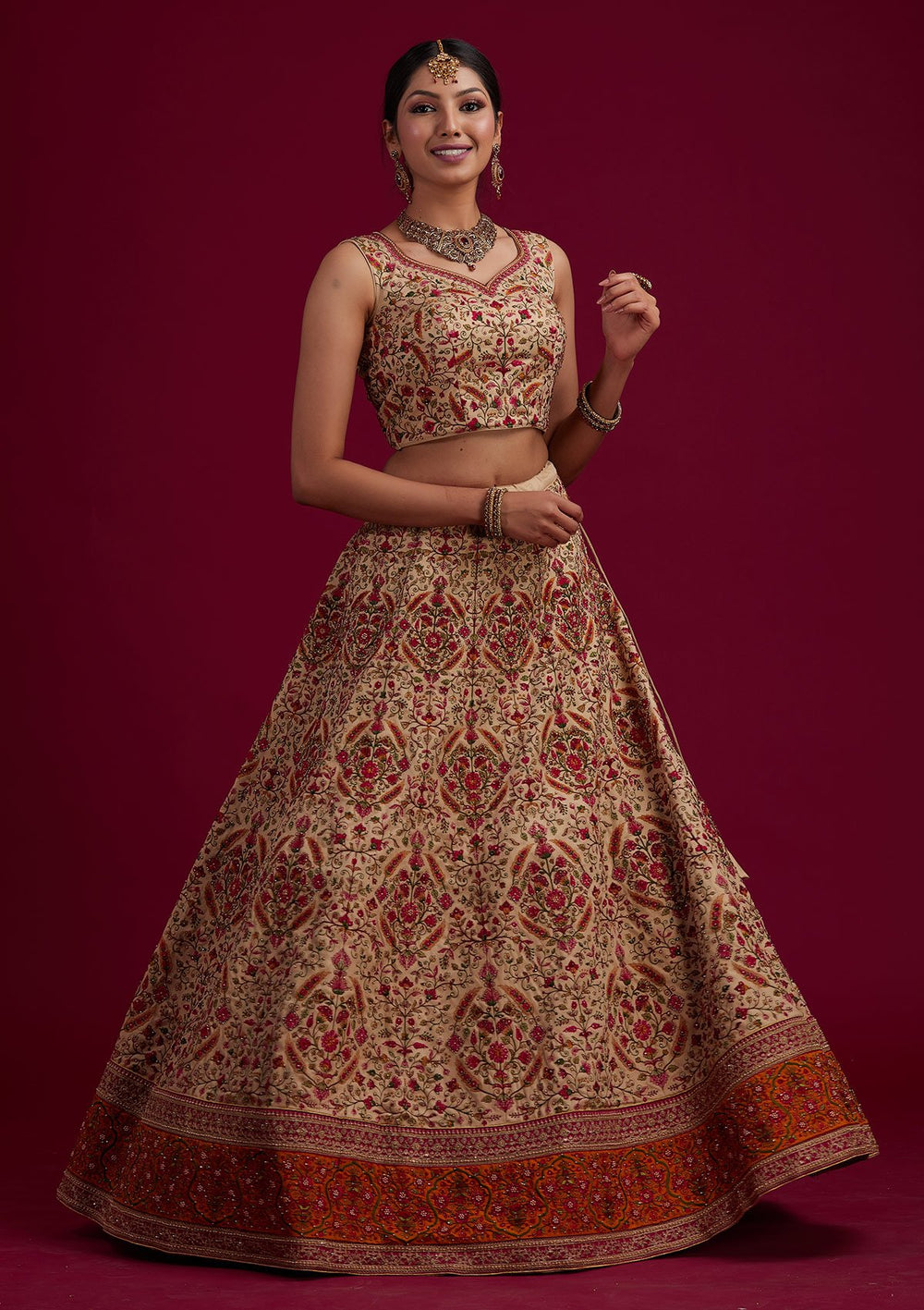 Gold Threadwork Raw Silk Designer Semi-Stitched Lehenga - koskii