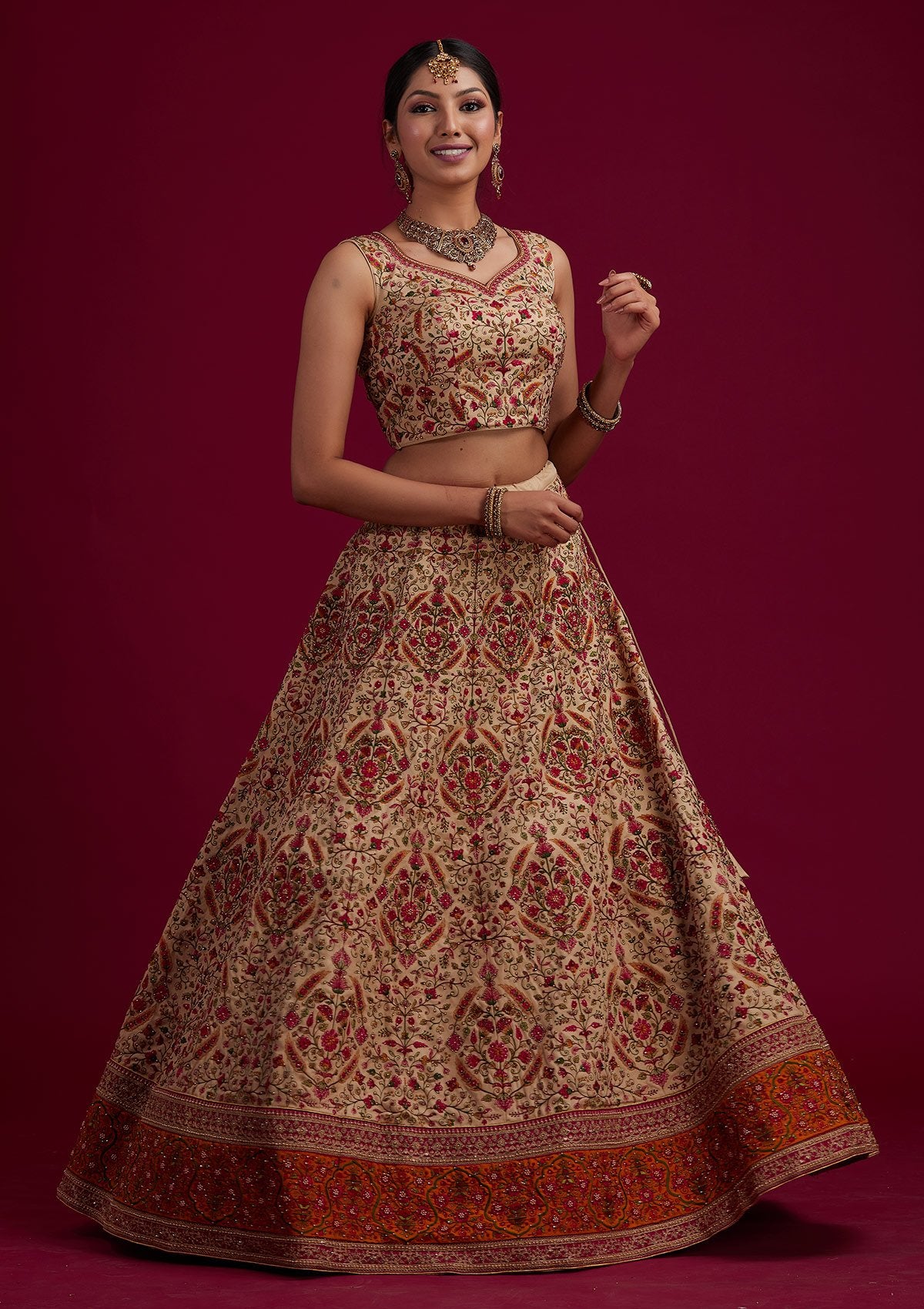Gold Threadwork Raw Silk Designer Semi-Stitched Lehenga - koskii