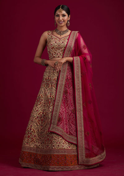 Gold Threadwork Raw Silk Designer Semi-Stitched Lehenga - koskii