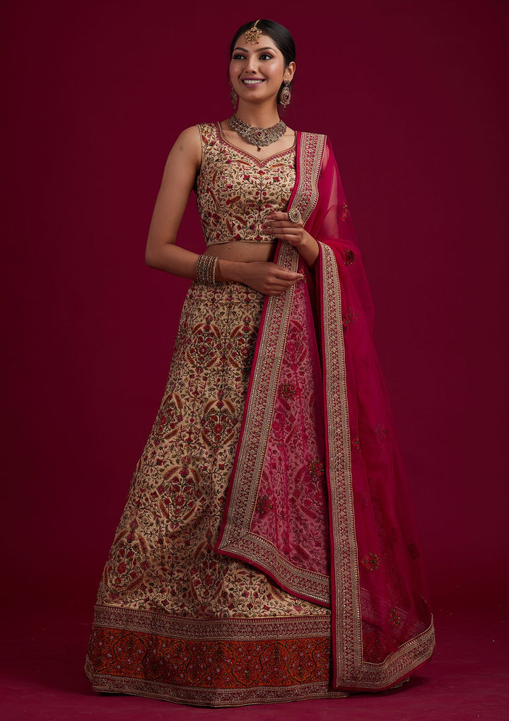 Gold Threadwork Raw Silk Designer Semi-Stitched Lehenga - koskii