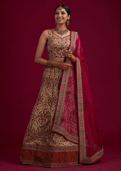 Gold Threadwork Raw Silk Designer Semi-Stitched Lehenga - koskii