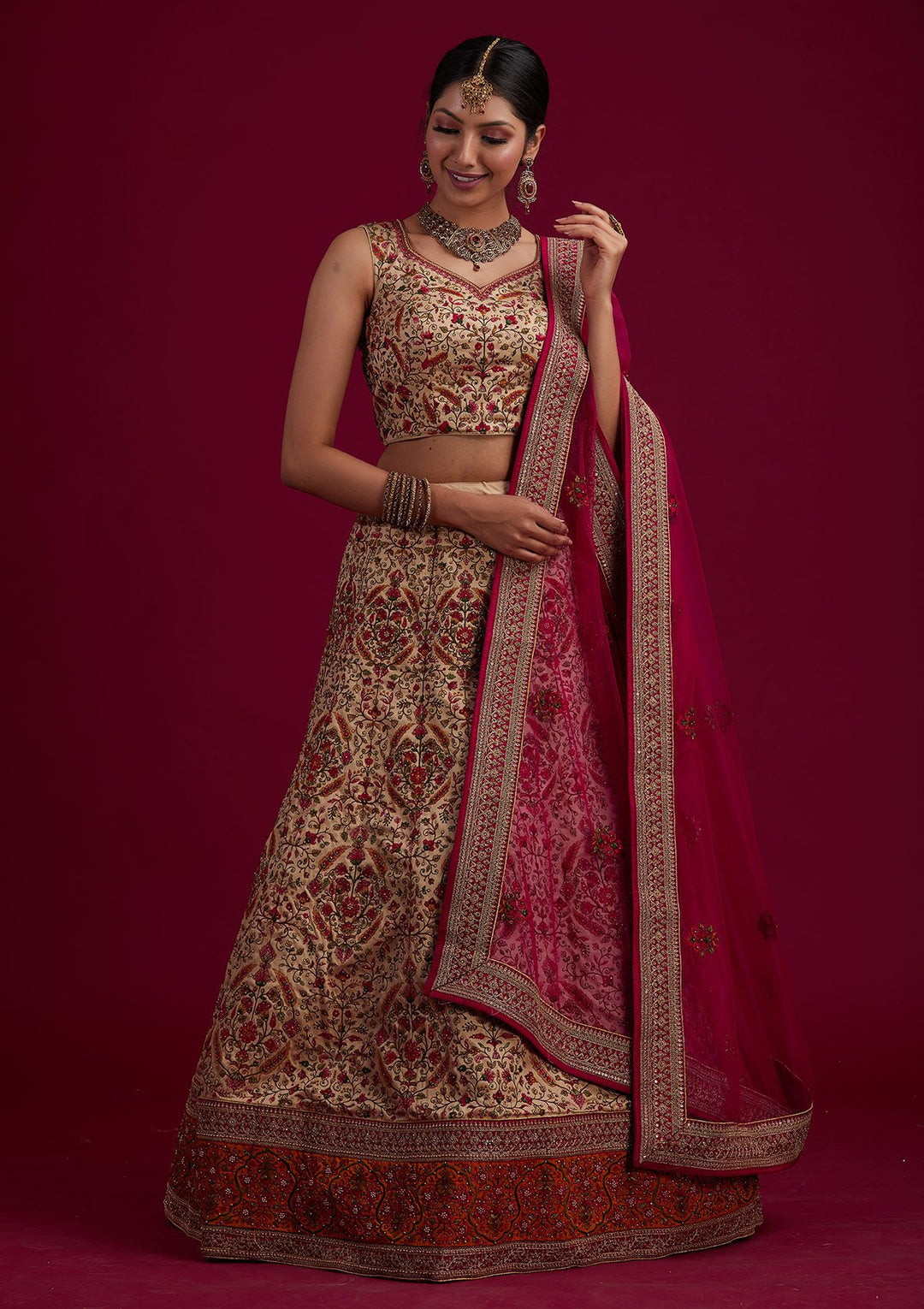 Gold Threadwork Raw Silk Designer Semi-Stitched Lehenga - koskii