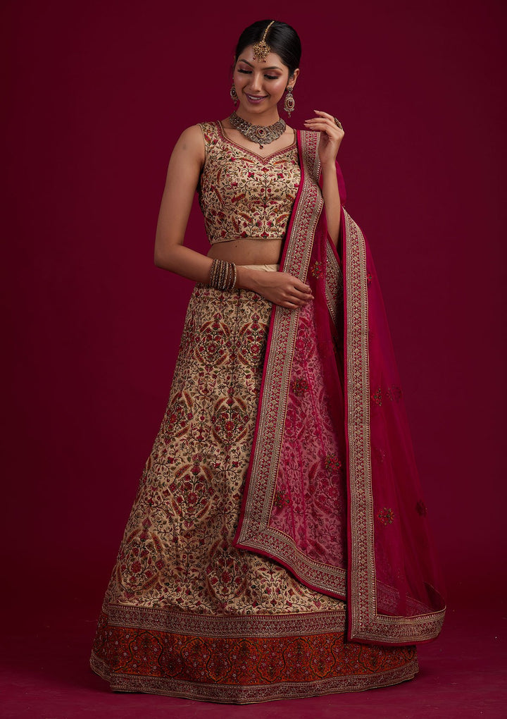 Gold Threadwork Raw Silk Designer Semi-Stitched Lehenga - koskii