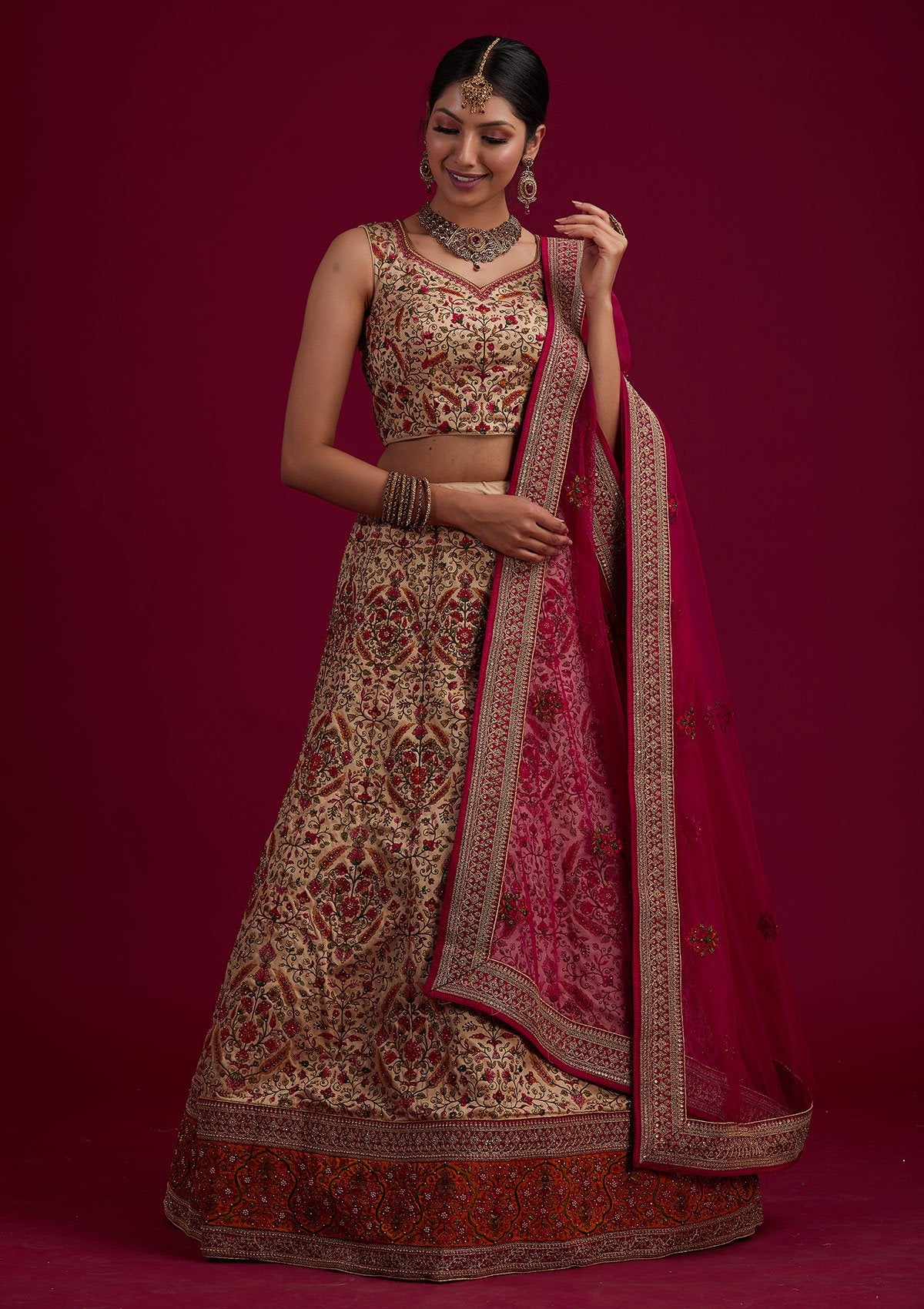 Gold Threadwork Raw Silk Designer Semi-Stitched Lehenga - koskii