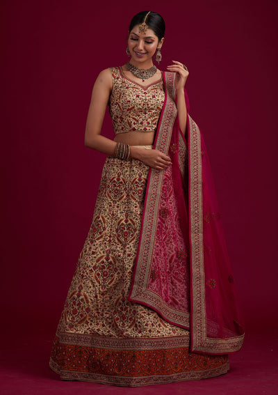 Gold Threadwork Raw Silk Designer Semi-Stitched Lehenga - koskii