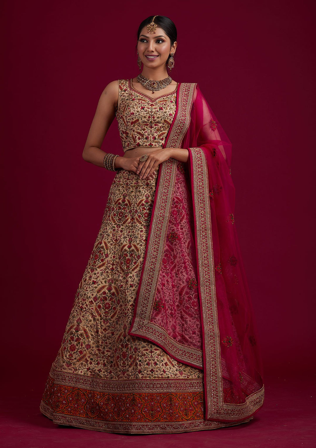 Gold Threadwork Raw Silk Designer Semi-Stitched Lehenga - koskii