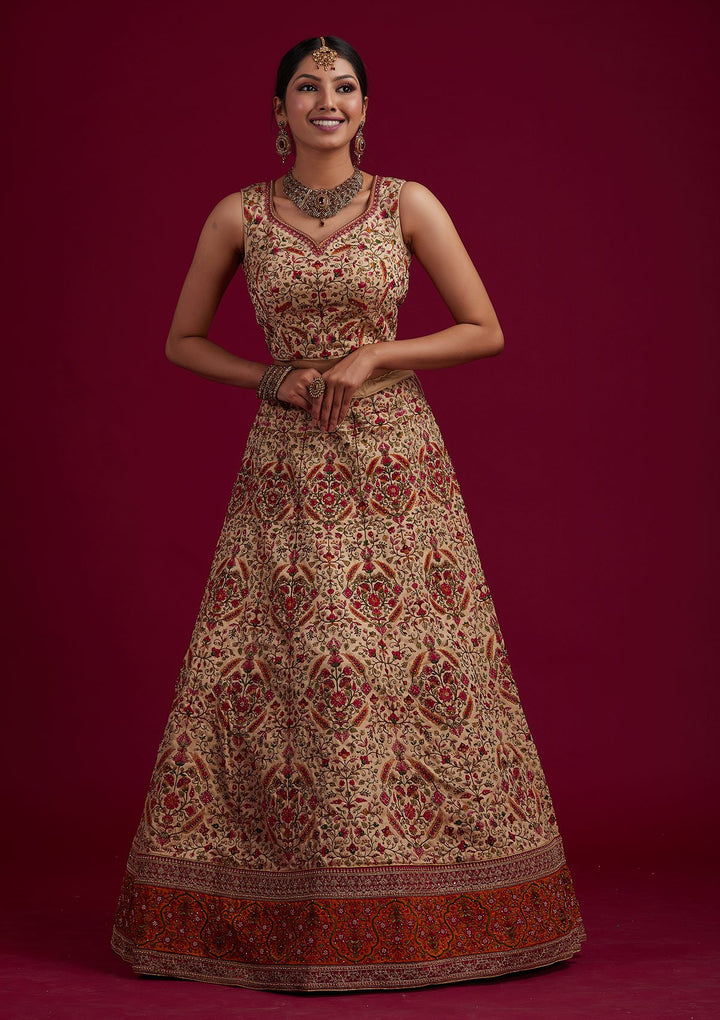 Gold Threadwork Raw Silk Designer Semi-Stitched Lehenga - koskii