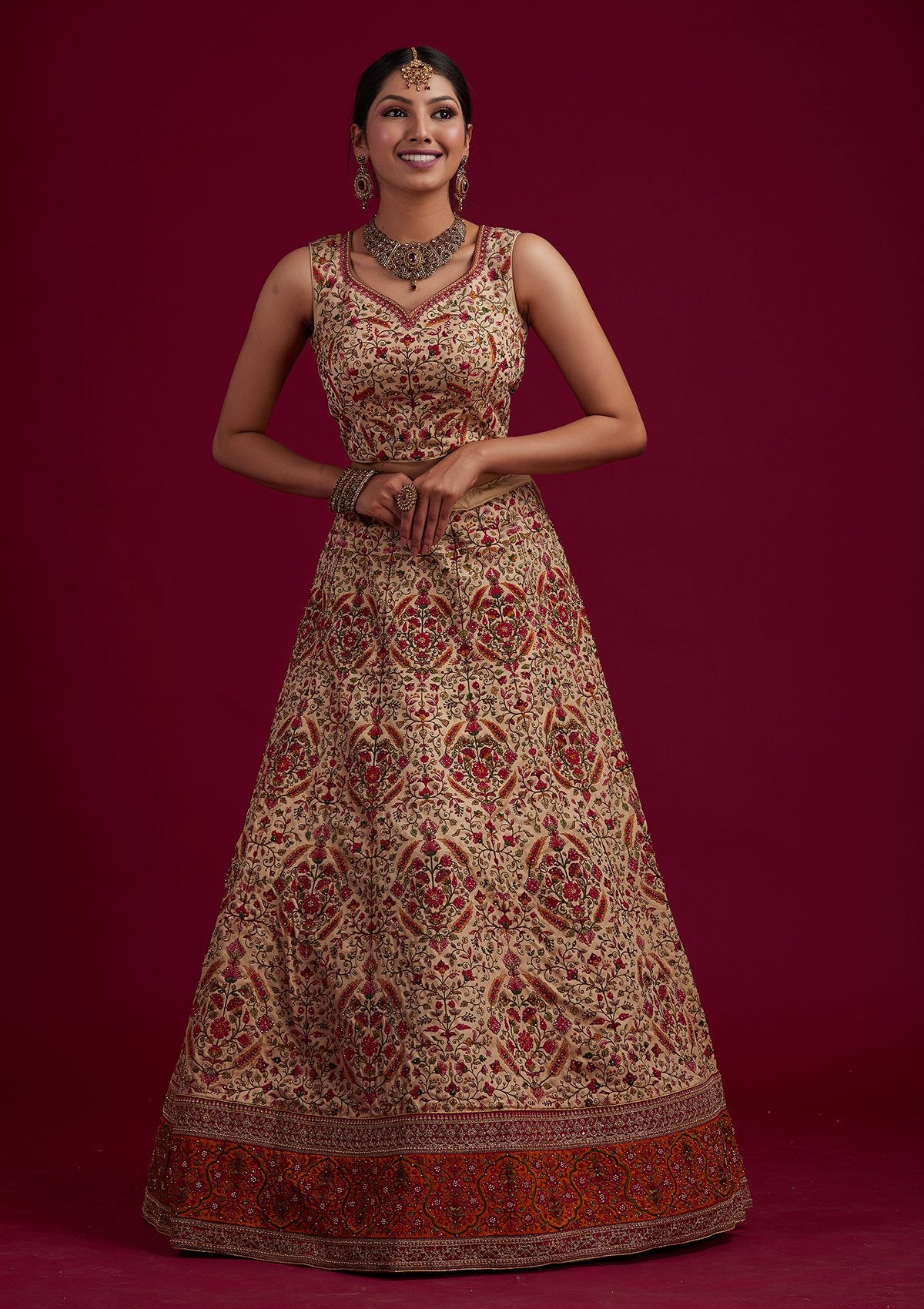 Gold Threadwork Raw Silk Designer Semi-Stitched Lehenga - koskii