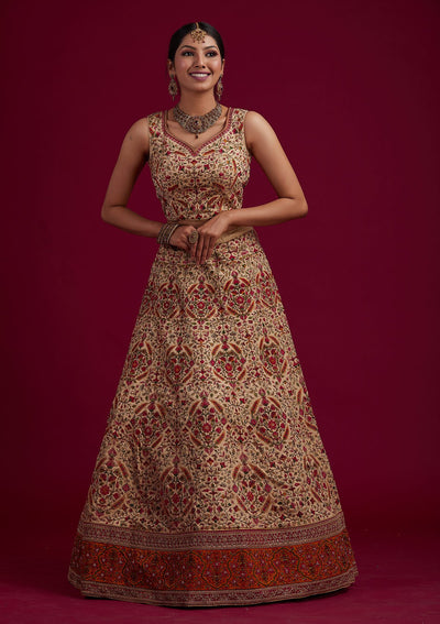 Gold Threadwork Raw Silk Designer Semi-Stitched Lehenga - koskii
