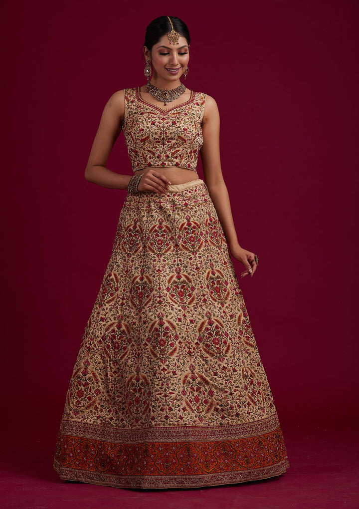 Gold Threadwork Raw Silk Designer Semi-Stitched Lehenga - koskii