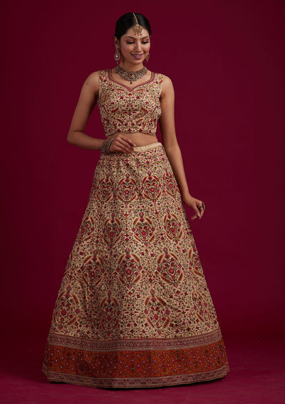 Gold Threadwork Raw Silk Designer Semi-Stitched Lehenga - koskii