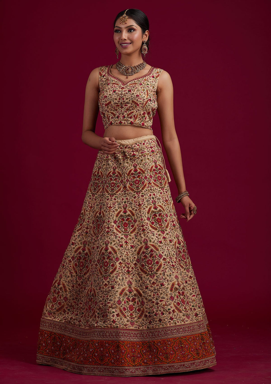 Gold Threadwork Raw Silk Designer Semi-Stitched Lehenga - koskii
