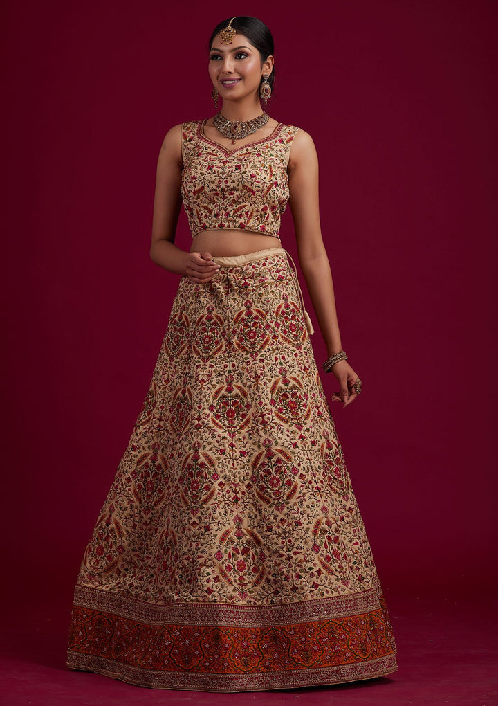 Gold Threadwork Raw Silk Designer Semi-Stitched Lehenga - koskii