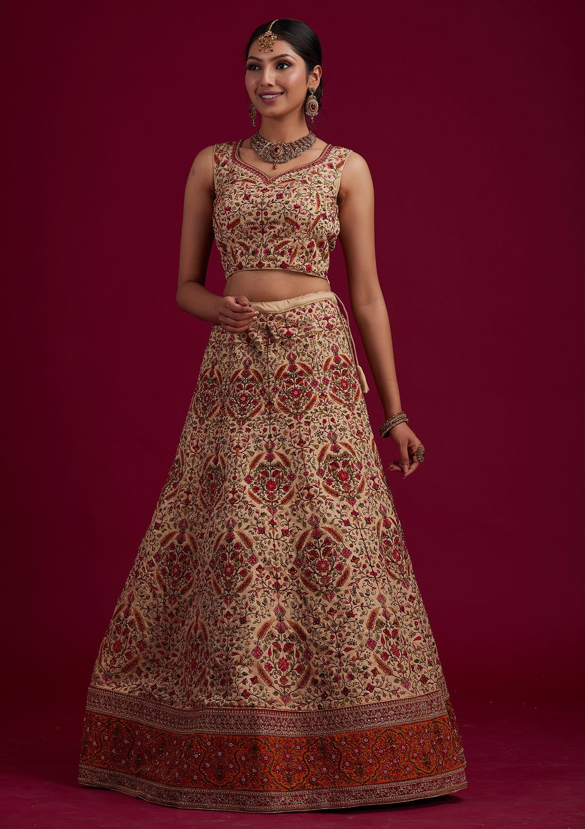Gold Threadwork Raw Silk Designer Semi-Stitched Lehenga - koskii