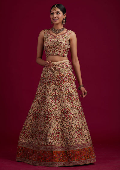 Gold Threadwork Raw Silk Designer Semi-Stitched Lehenga - koskii