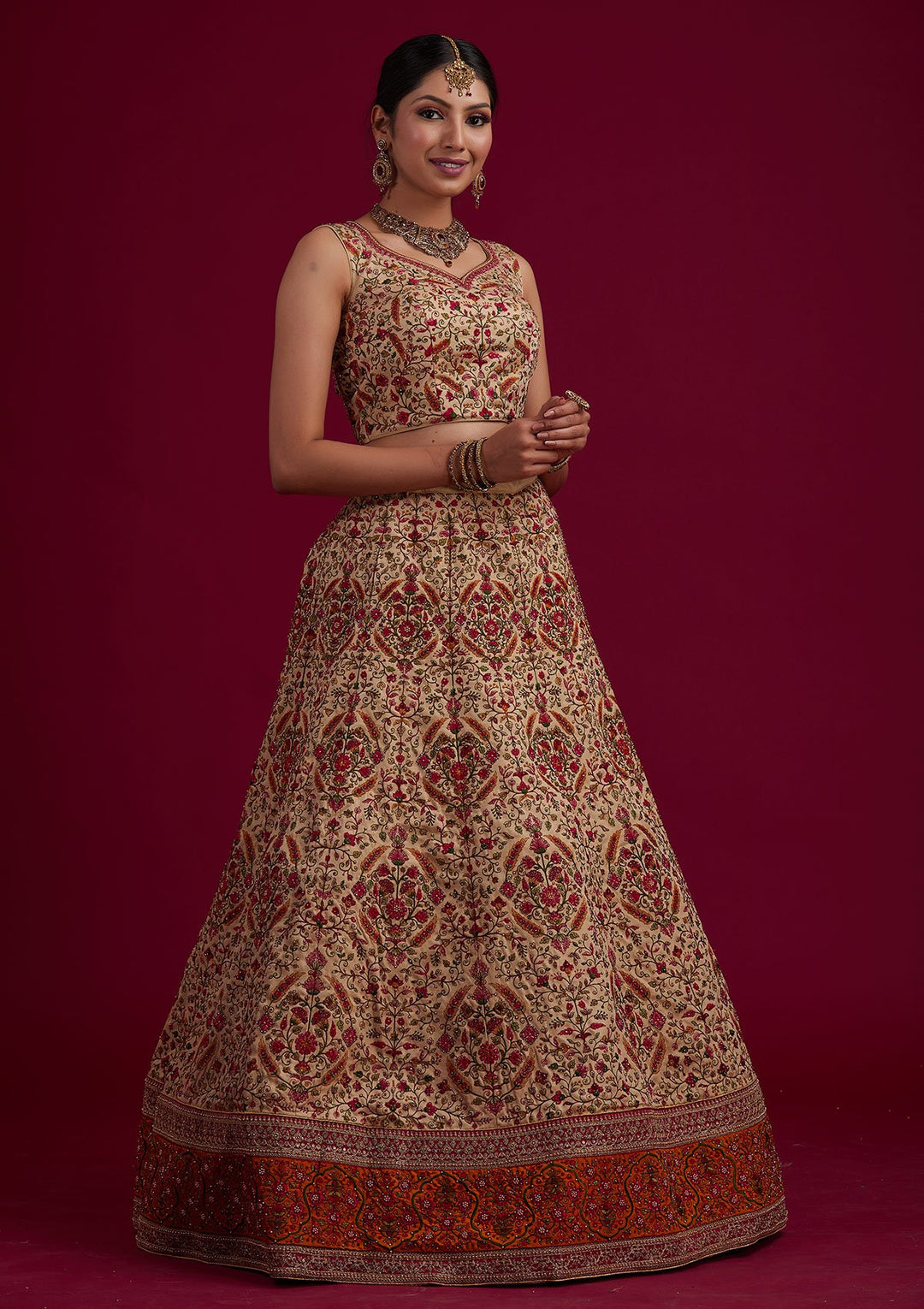 Gold Threadwork Raw Silk Designer Semi-Stitched Lehenga - koskii