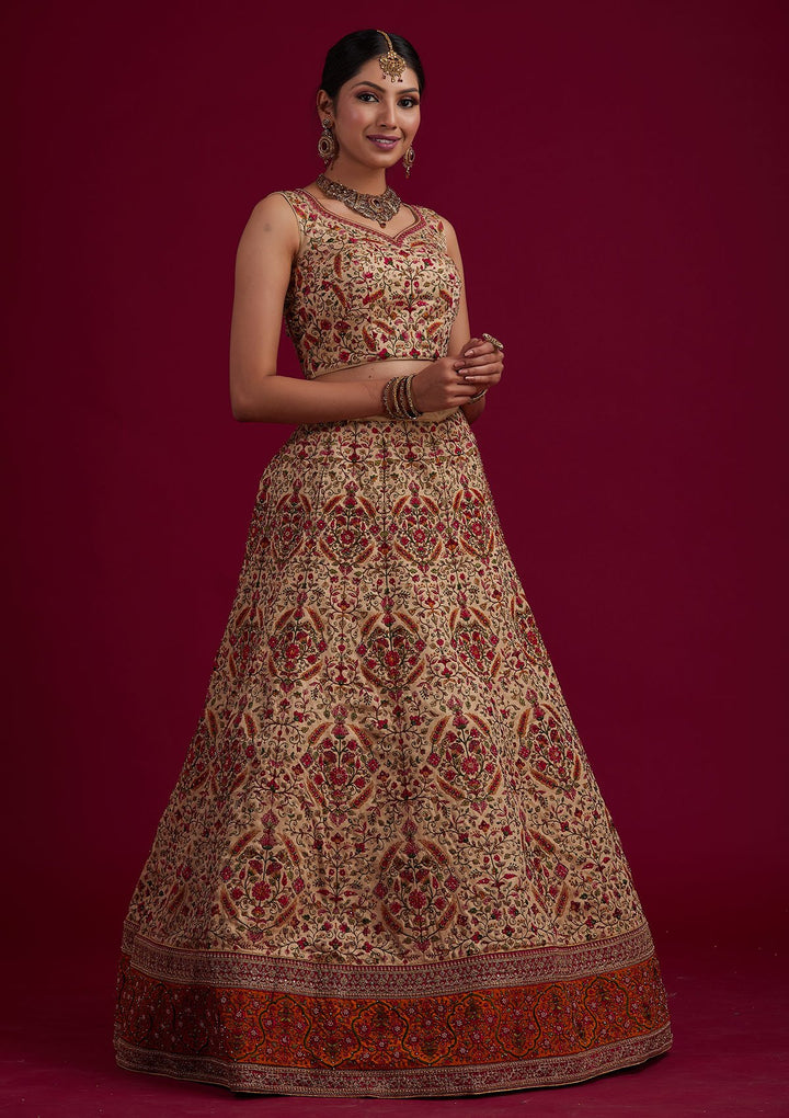 Gold Threadwork Raw Silk Designer Semi-Stitched Lehenga - koskii
