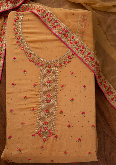 Gold Threadwork Semi Crepe Designer Unstitched Salwar Suit - koskii