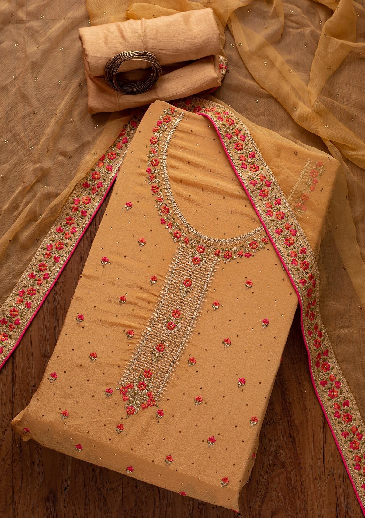 Gold Threadwork Semi Crepe Designer Unstitched Salwar Suit - koskii