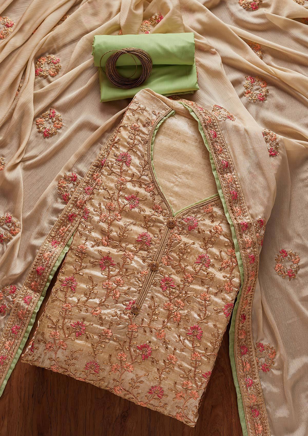 Gold Zariwork Art Silk Designer Unstitched Salwar Suit - koskii