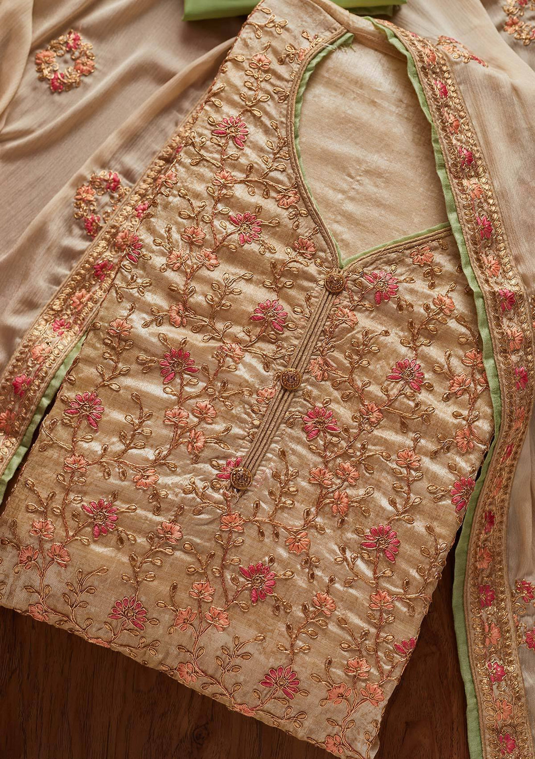 Gold Zariwork Art Silk Designer Unstitched Salwar Suit - koskii