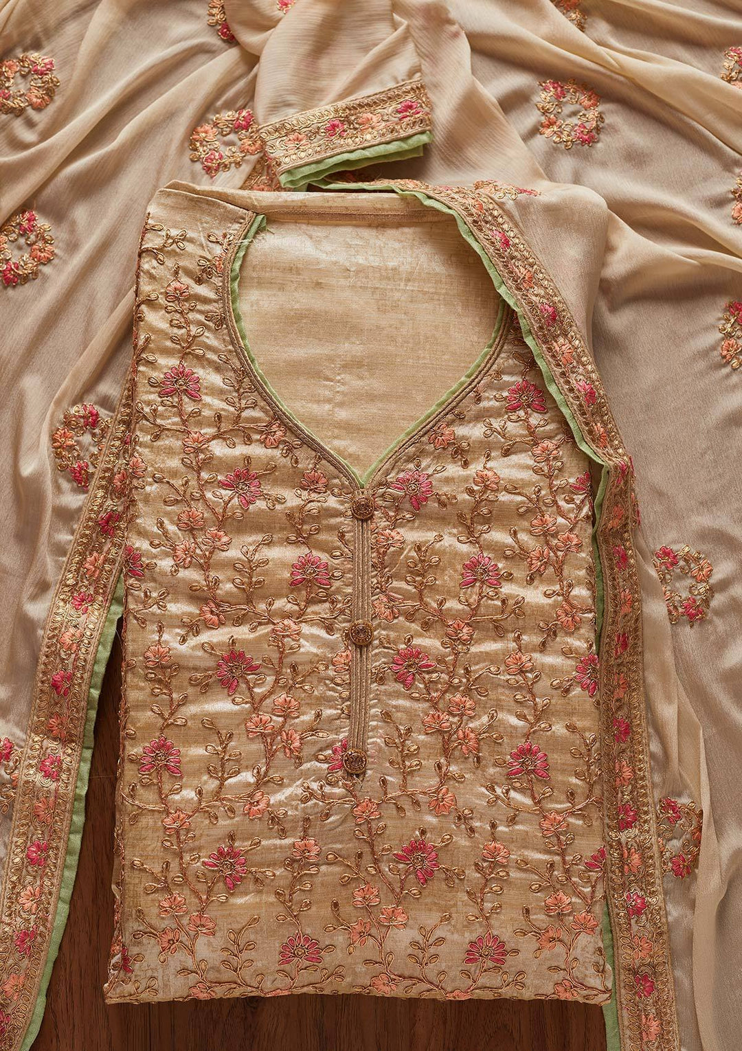 Gold Zariwork Art Silk Designer Unstitched Salwar Suit - koskii