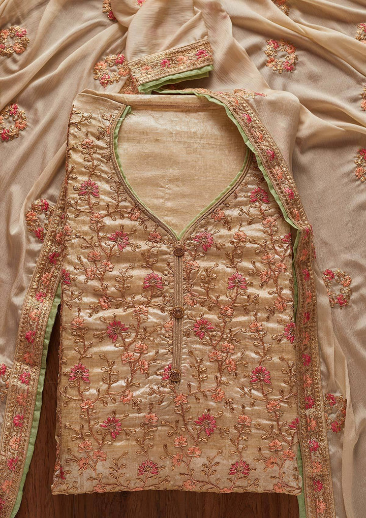 Gold Zariwork Art Silk Designer Unstitched Salwar Suit - koskii