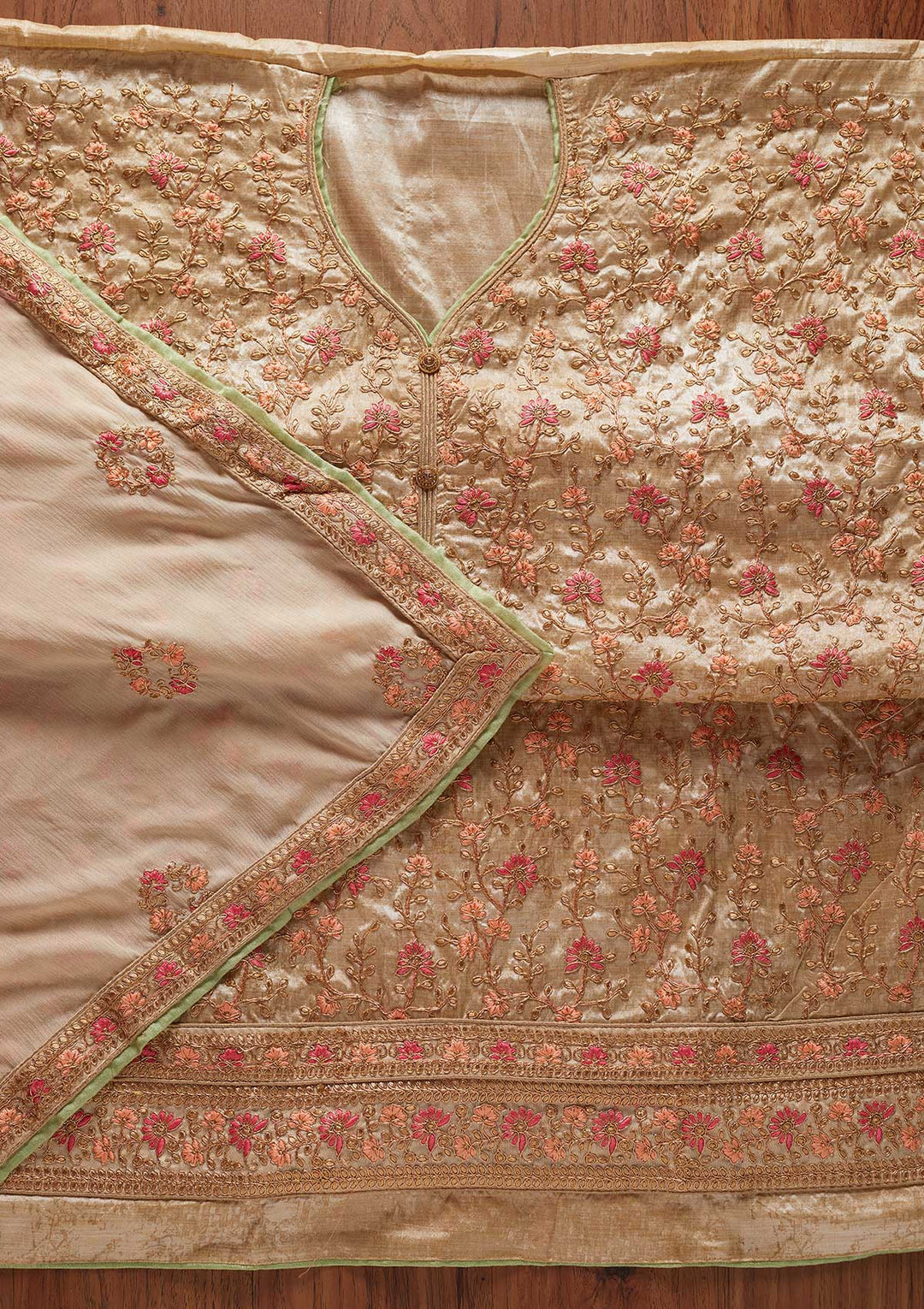 Gold Zariwork Art Silk Designer Unstitched Salwar Suit - koskii