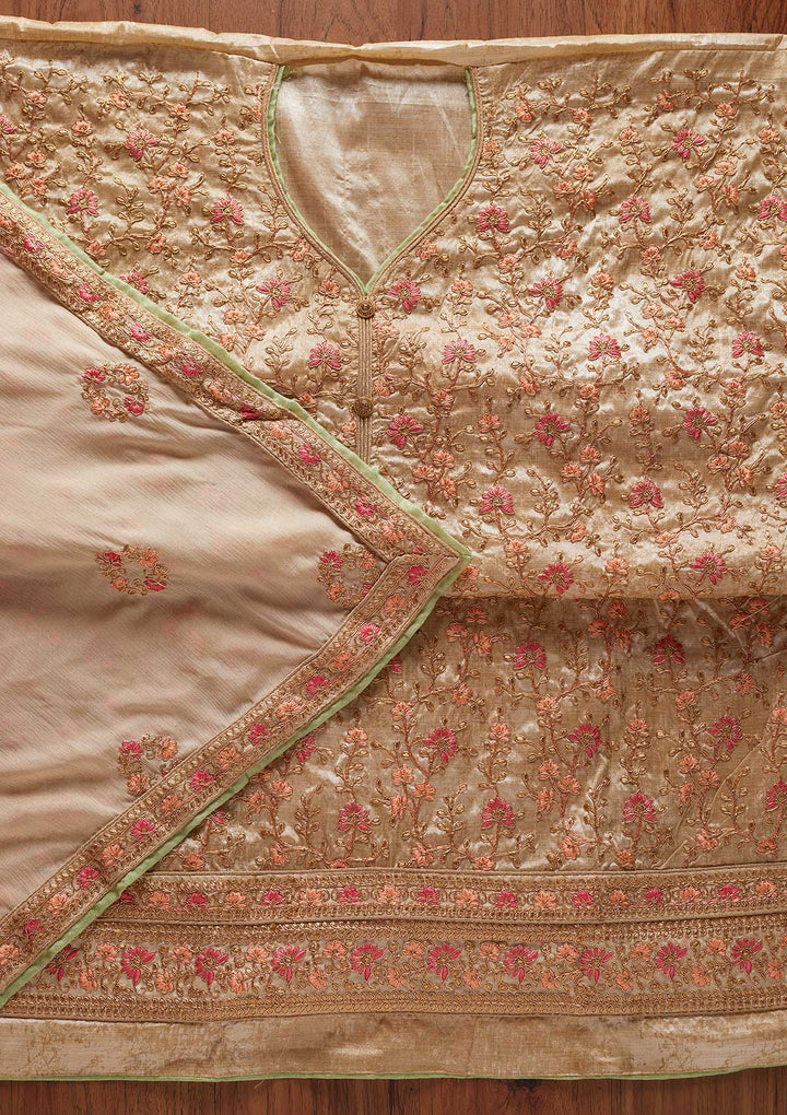 Gold Zariwork Art Silk Designer Unstitched Salwar Suit - koskii