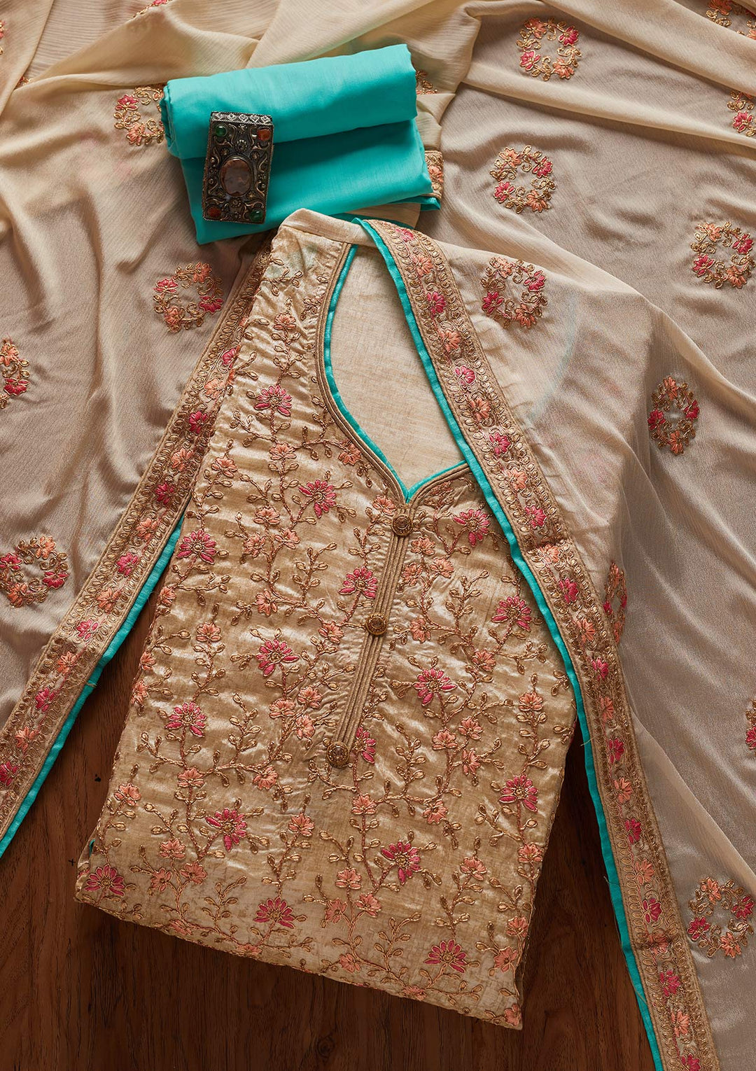 Gold Zariwork Art Silk Designer Unstitched Salwar Suit - koskii
