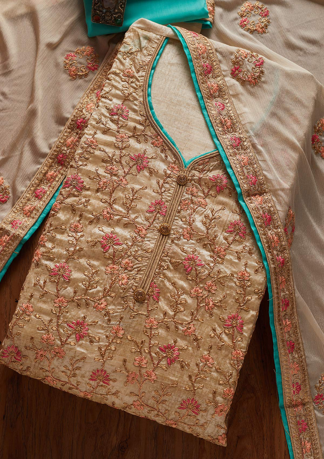 Gold Zariwork Art Silk Designer Unstitched Salwar Suit - koskii