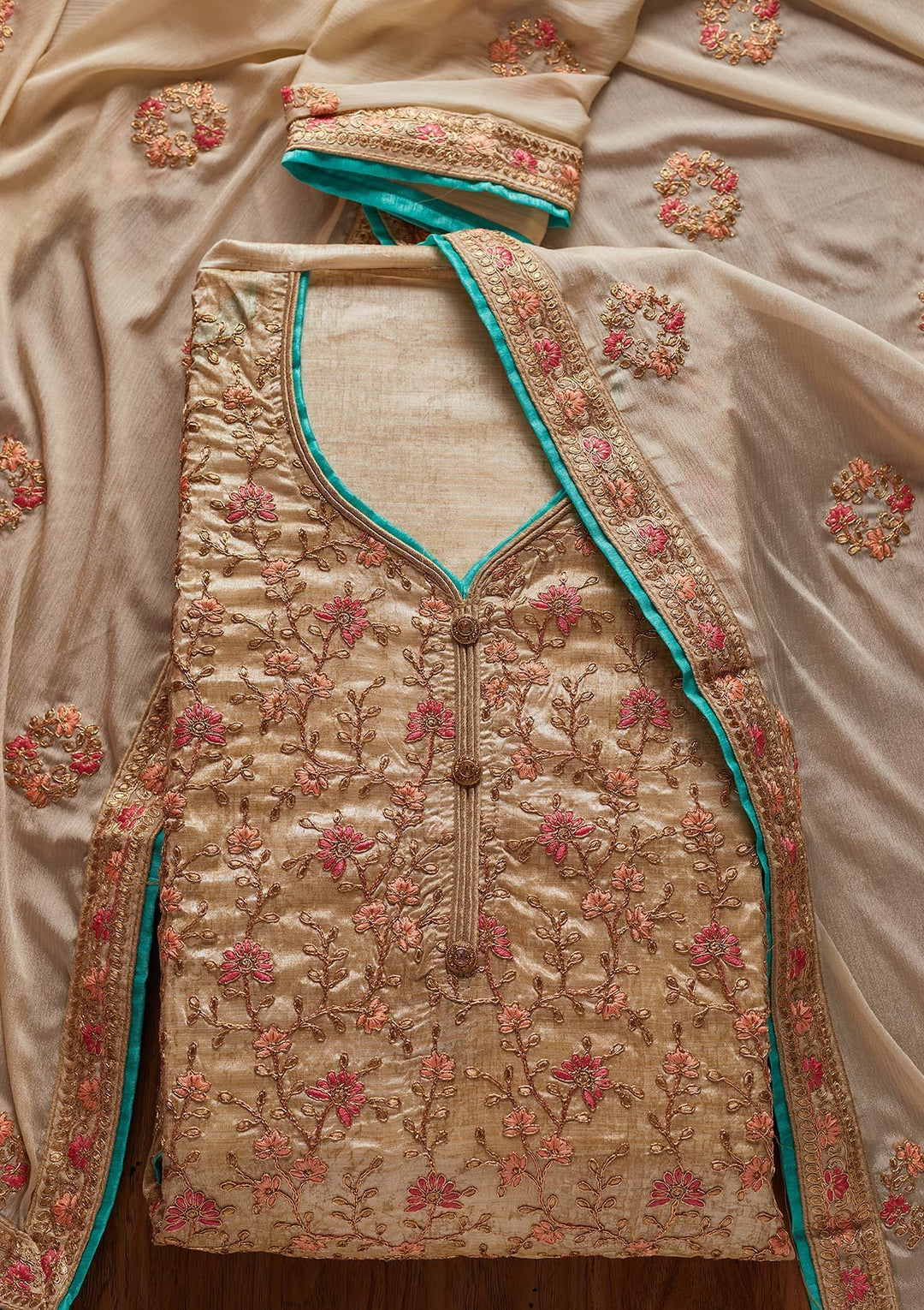 Gold Zariwork Art Silk Designer Unstitched Salwar Suit - koskii