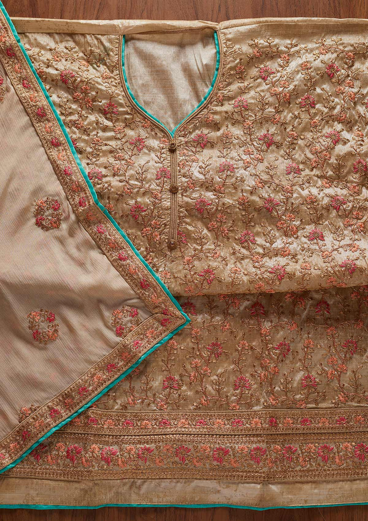 Gold Zariwork Art Silk Designer Unstitched Salwar Suit - koskii