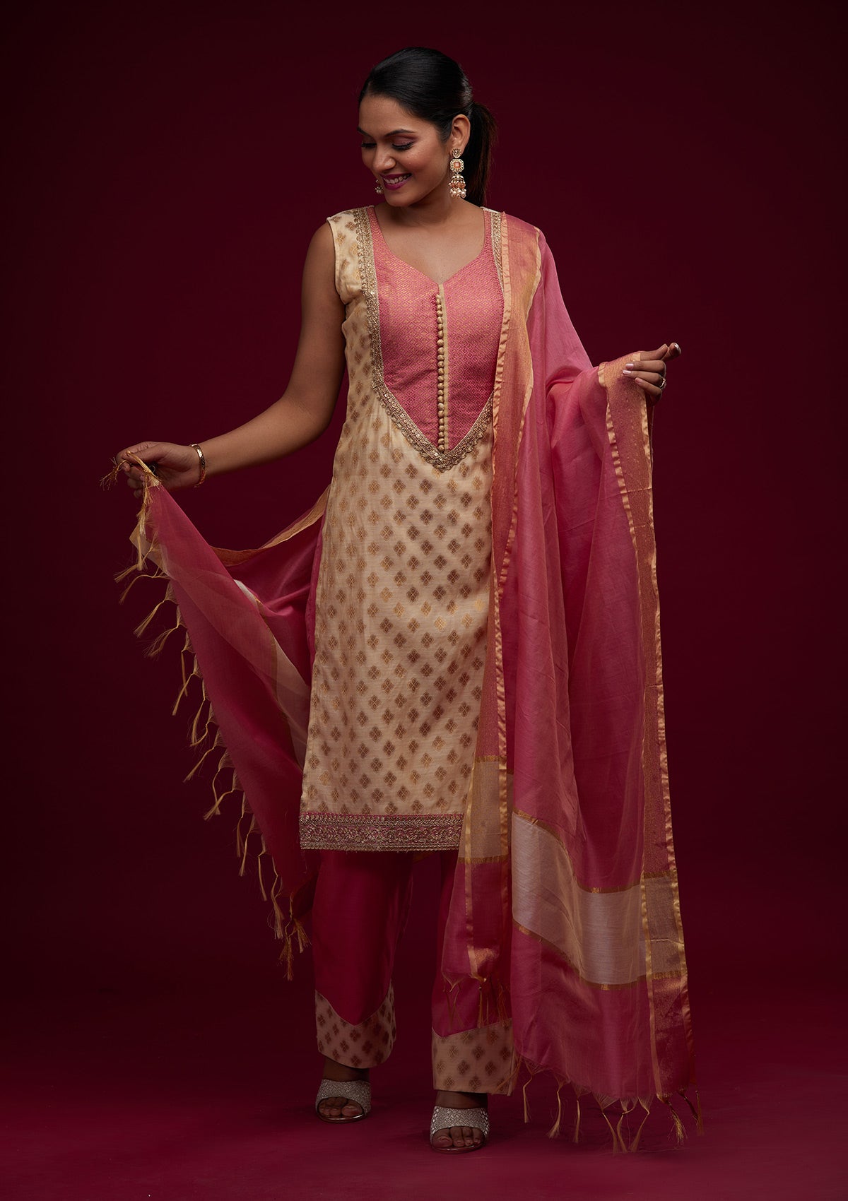Gold Zariwork Chanderi Designer Salwar Suit - Koskii