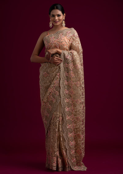 Gold Zariwork Net Designer Saree - koskii