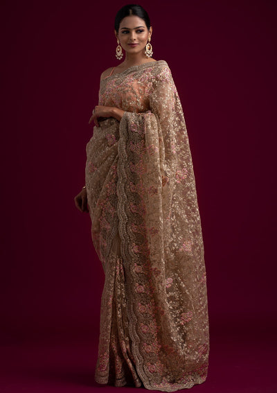 Gold Zariwork Net Designer Saree - koskii