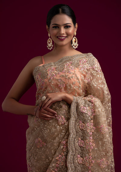 Gold Zariwork Net Designer Saree - koskii
