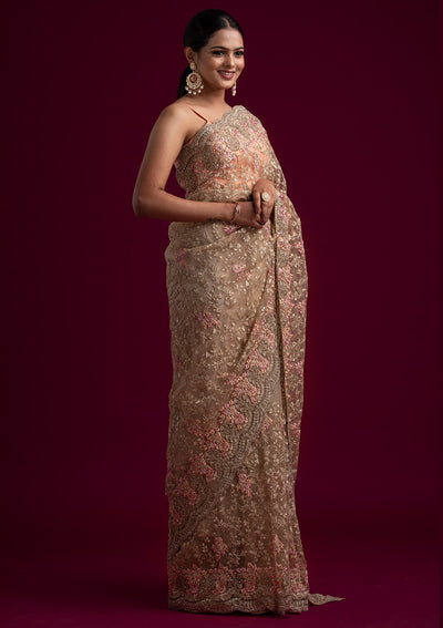 Gold Zariwork Net Designer Saree - koskii