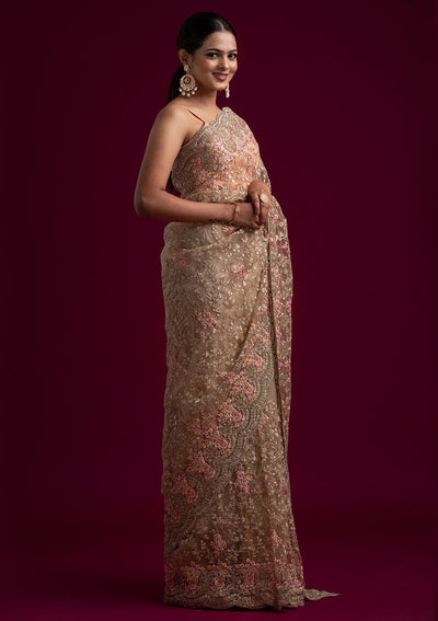 Gold Zariwork Net Designer Saree - koskii