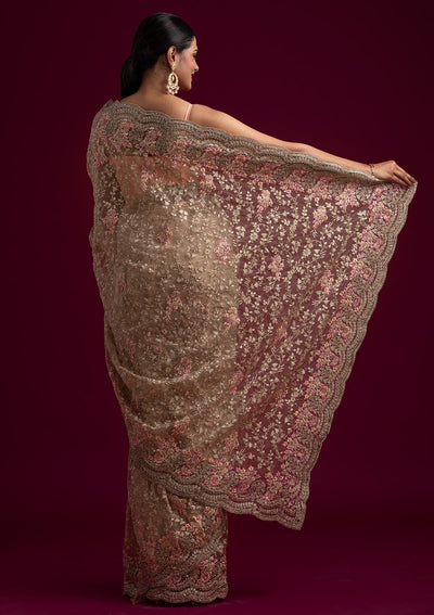 Gold Zariwork Net Designer Saree - koskii