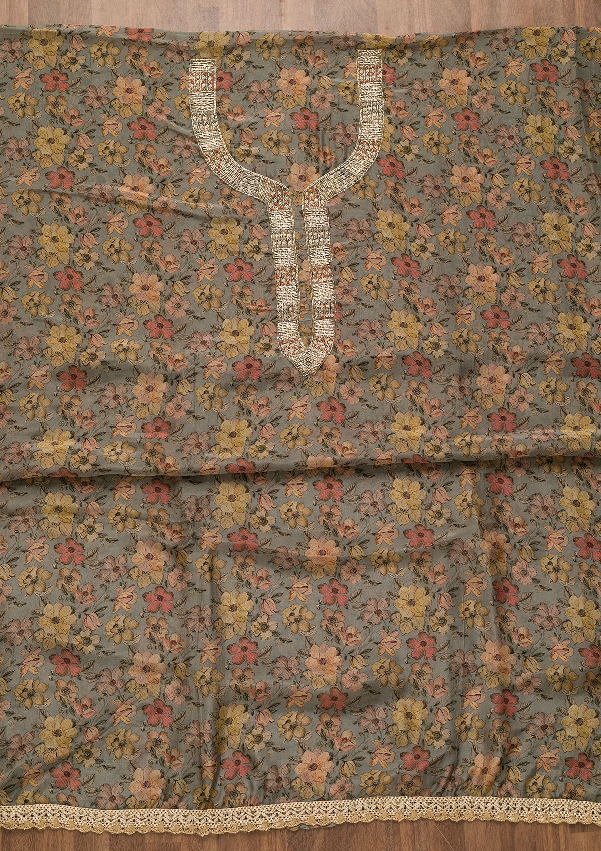 Grey Printed Organza Unstitched Salwar Suit-Koskii