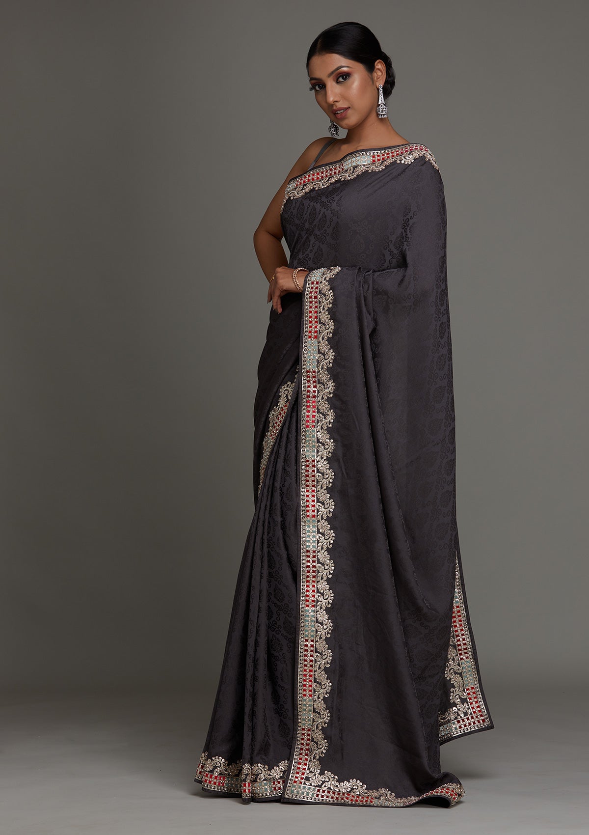 Grey Gotapatti Semi Crepe Saree - Koskii