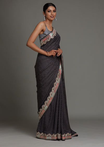 Grey Gotapatti Semi Crepe Saree - Koskii