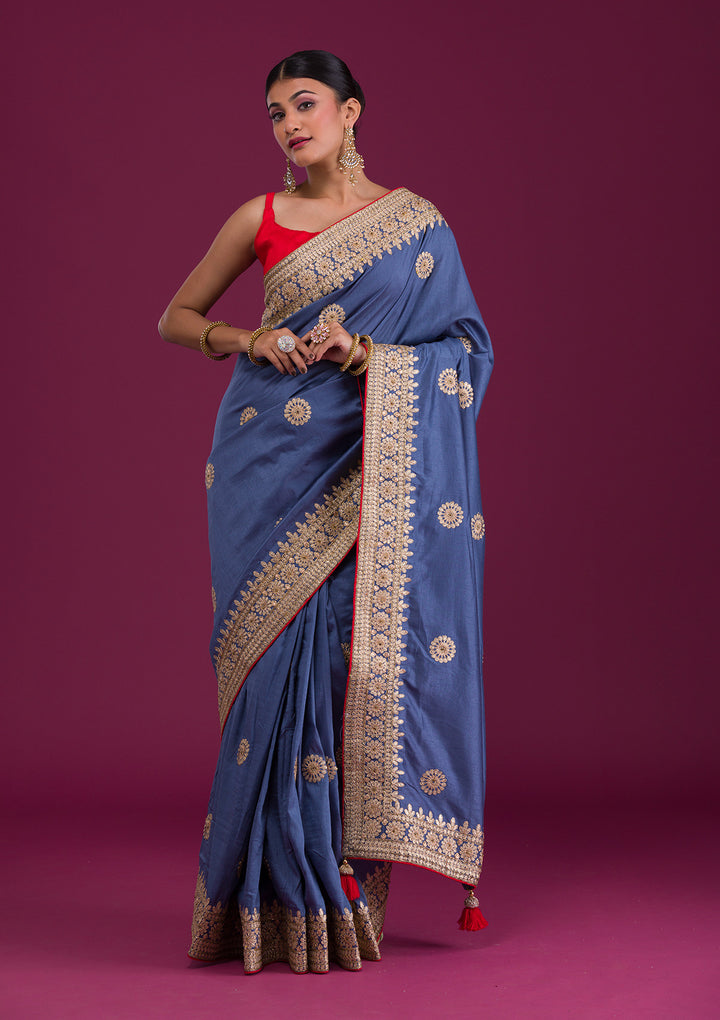 Grey Gotapatti Taffeta Silk Saree-Koskii