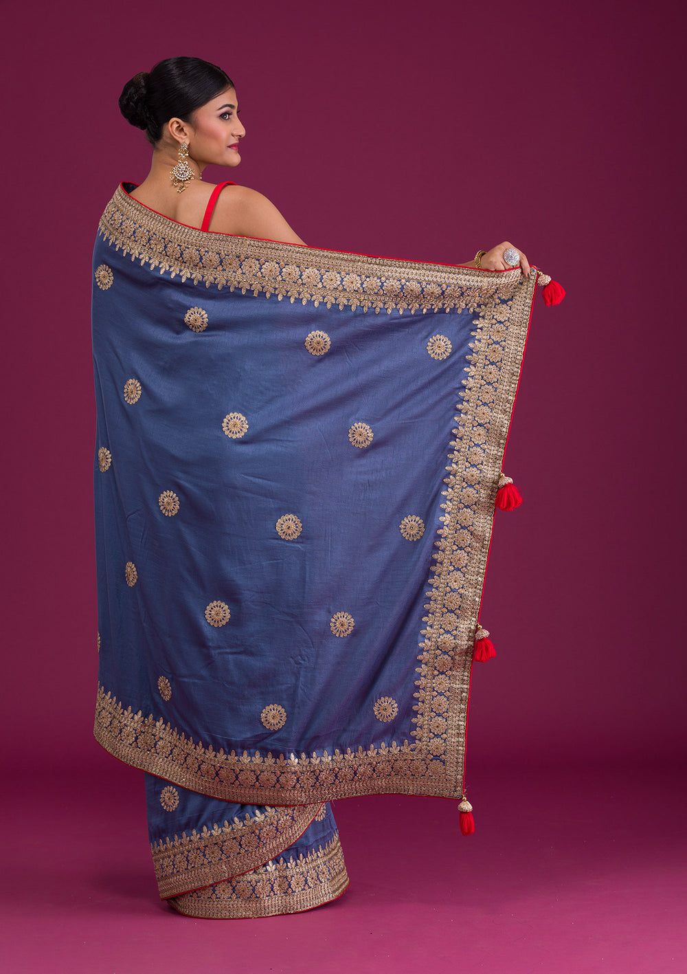 Grey Gotapatti Taffeta Silk Saree-Koskii