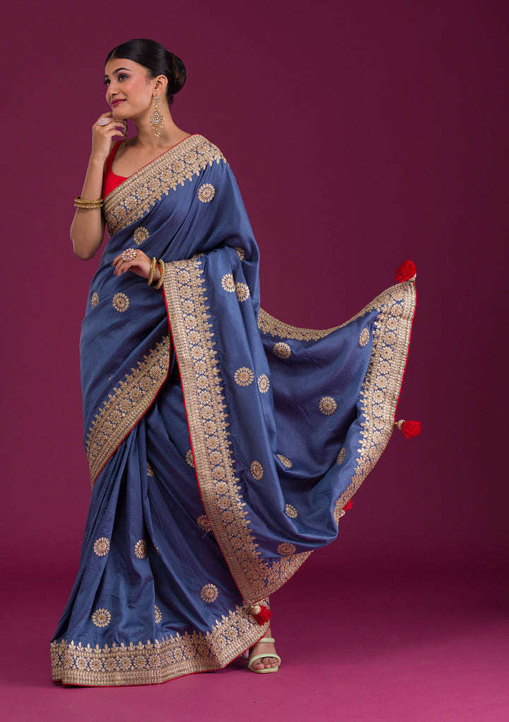 Grey Gotapatti Taffeta Silk Saree-Koskii