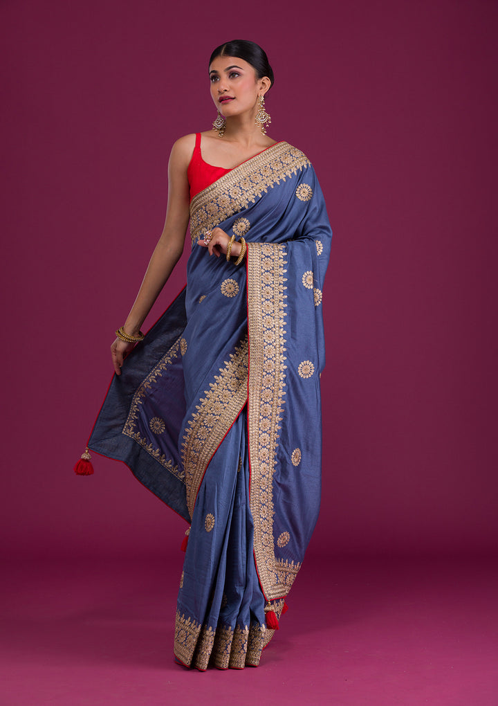 Grey Gotapatti Taffeta Silk Saree-Koskii